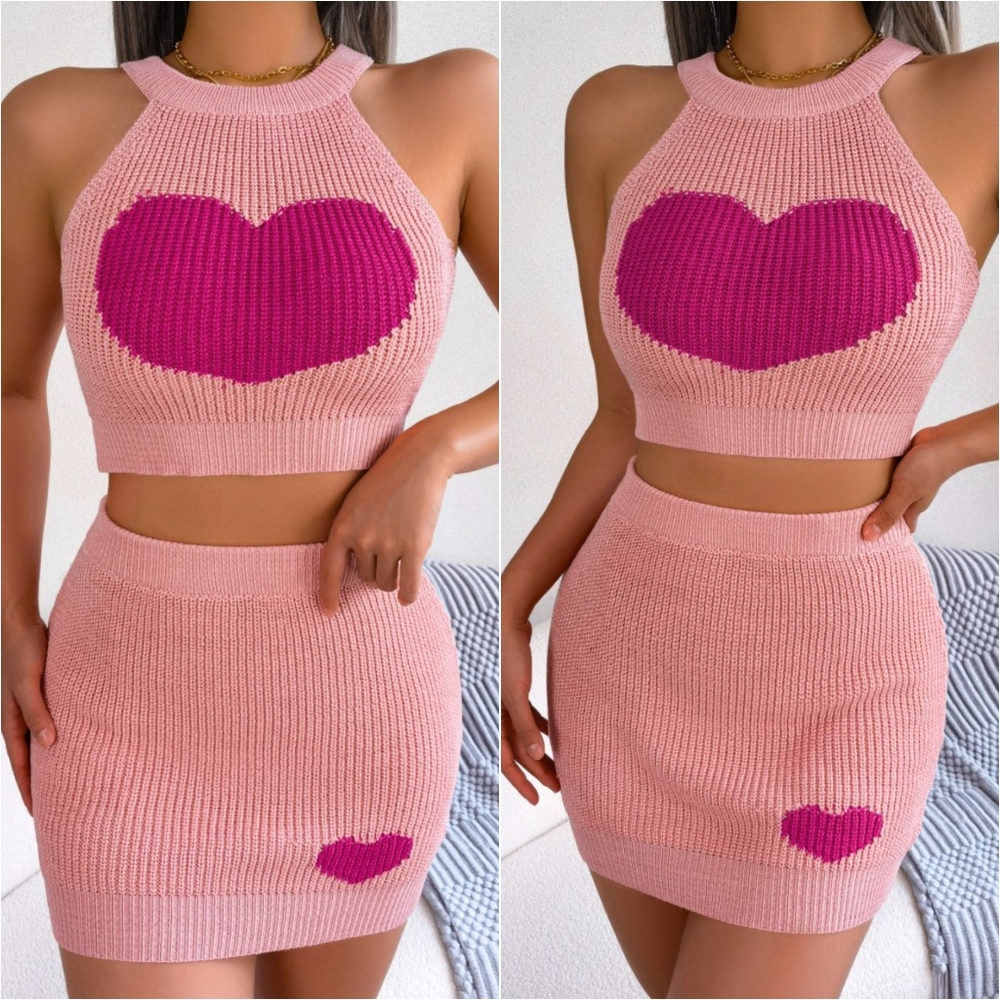 Sweetheart Ribbed Knit Set - Pink